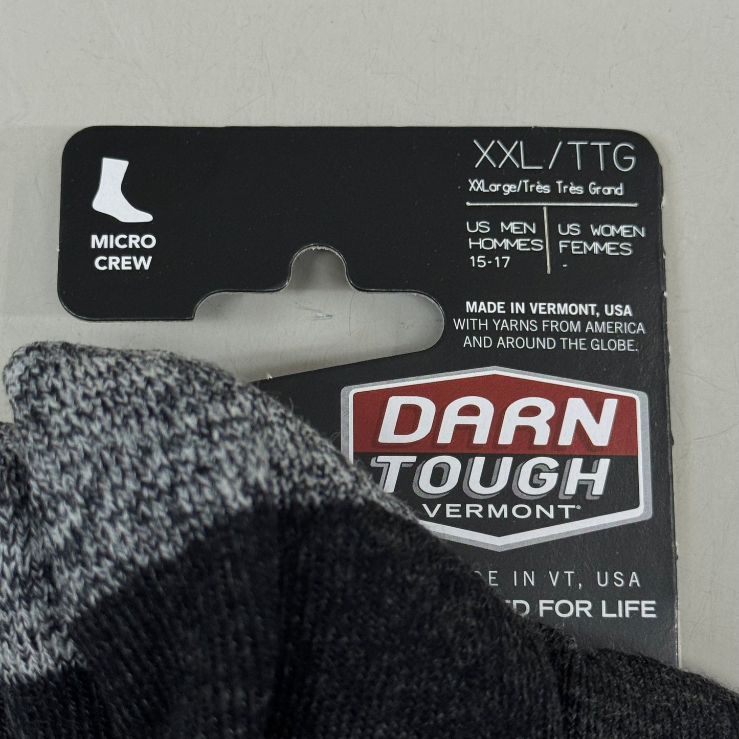 DARN TOUGH Hike/Trek Socks Micro Crew Midweight Merino Wool Men SZ XXL 15-17 Black/Grey