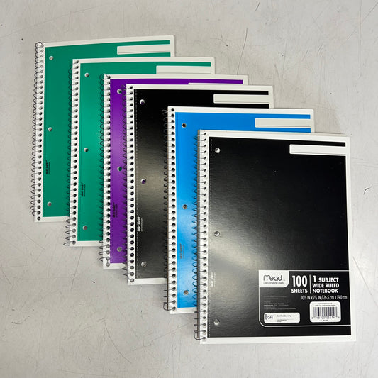 ZA@ MEAD (6 PACK, 100 Sheets Each) 1 Subject Wide Ruled Notebook 10.5"x7.5" Multic|olor