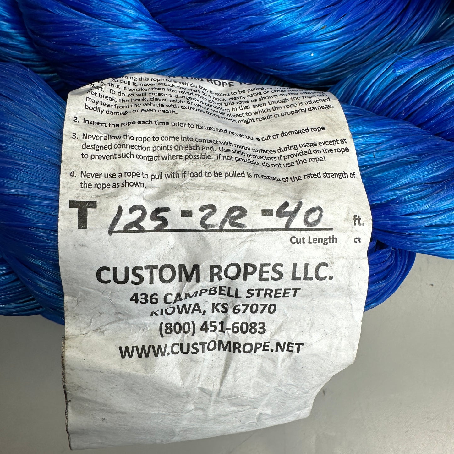 CUSTOM ROPES Heavy Duty Tow Rope 125,000 lb Capacity Blue T125