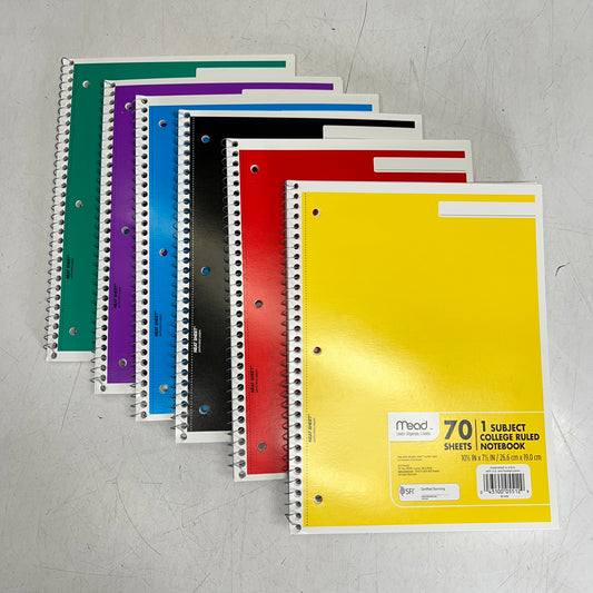 ZA@ MEAD (6 PACK, 70 SHEETS EACH) 1 Subject College Ruled Notebook Perforated Sheets 10.5"x7.5" Multicolor