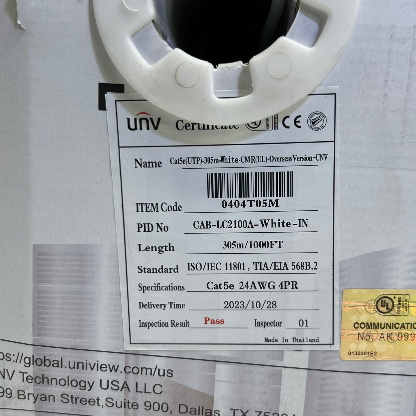 UNV 1000 ft. Network Cable, White Cat5e