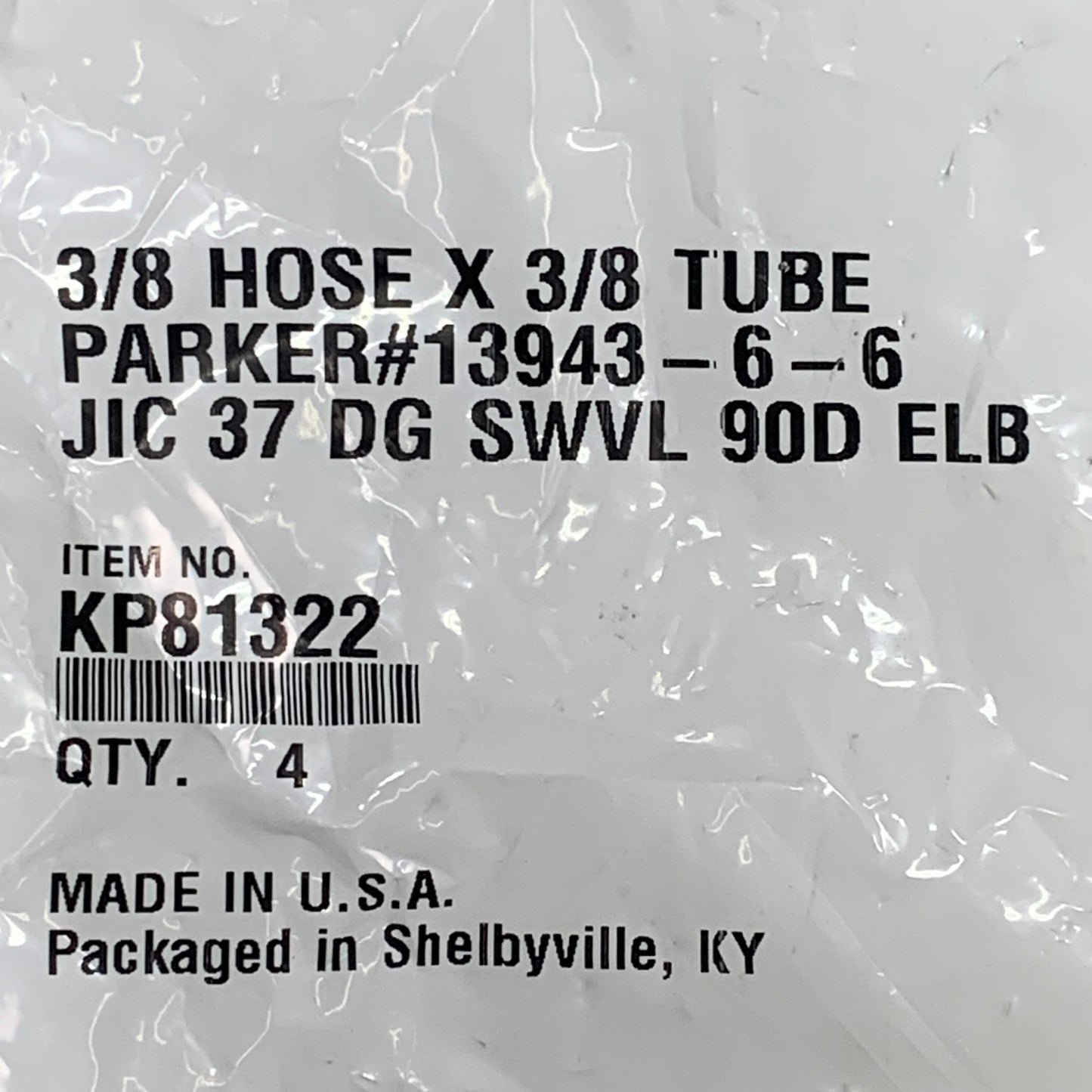 PARKER (4 PACK) Hydraulic Hose JIC 37° Swivel 90D ELB 3/8" x 3/8" Steel KP81322