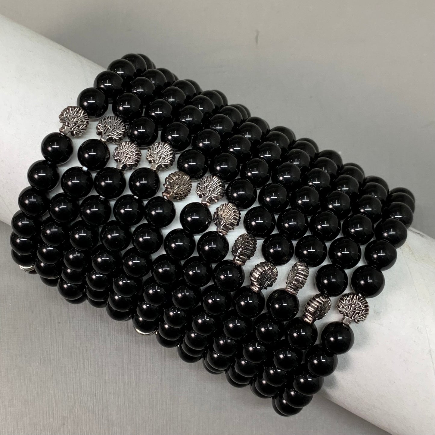 BEST WHOLESALE (12 PACK) Beaded Shiny Black Crystal Bracelets 3" Silver Tree New