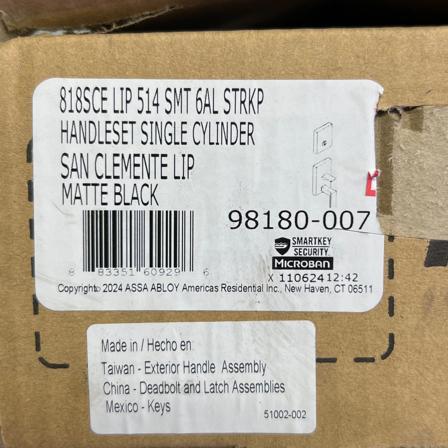 KWIKSET Handleset Single Culinder San Clemente Lip, Matte Black 98180-007