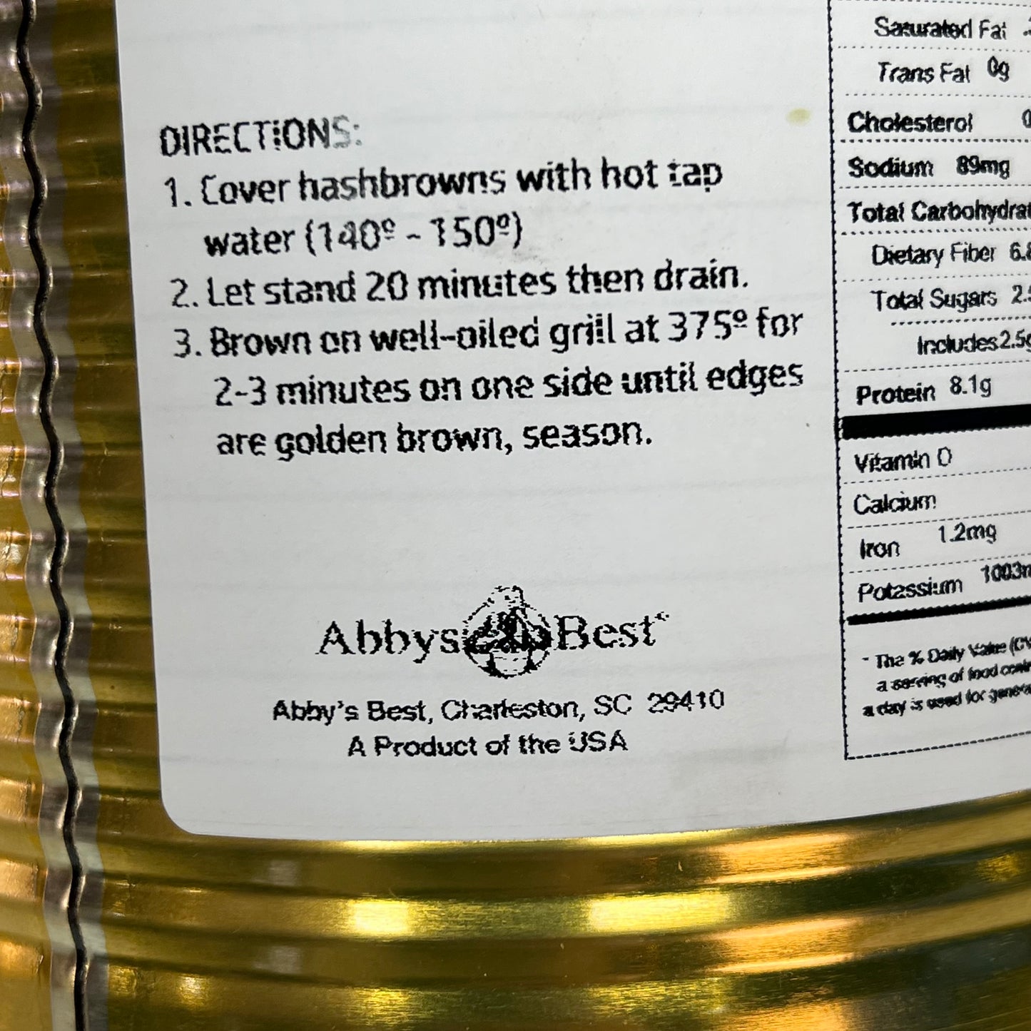 ZA@ ABBYS BEST (2 PACK) Dehydrated Hasbrowns in Can 2lb 9 Servings Each