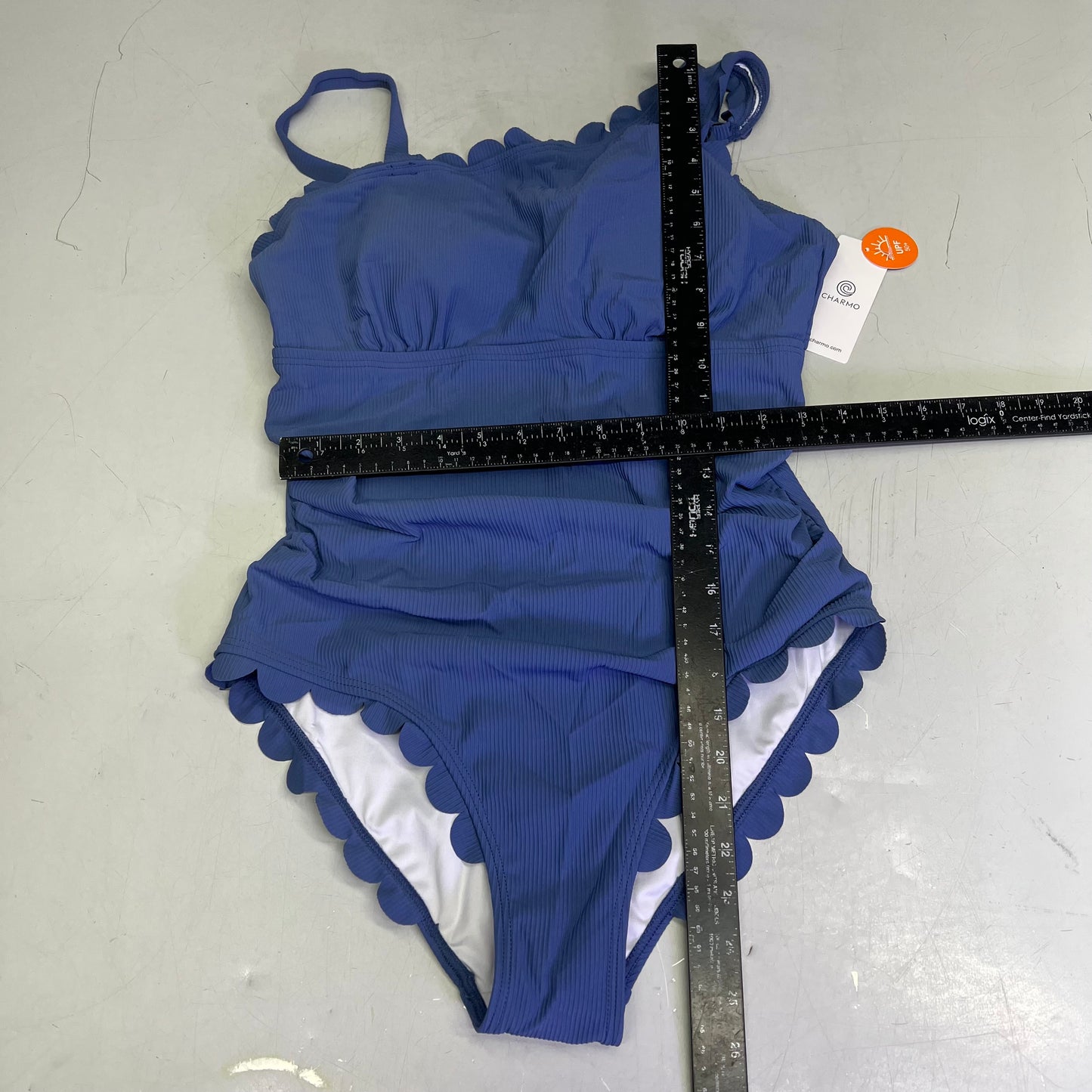 CHARMO Asymmetrical Retro Ribbed Moderate Cut One Piece Swimwear Wmn Sz L Blue