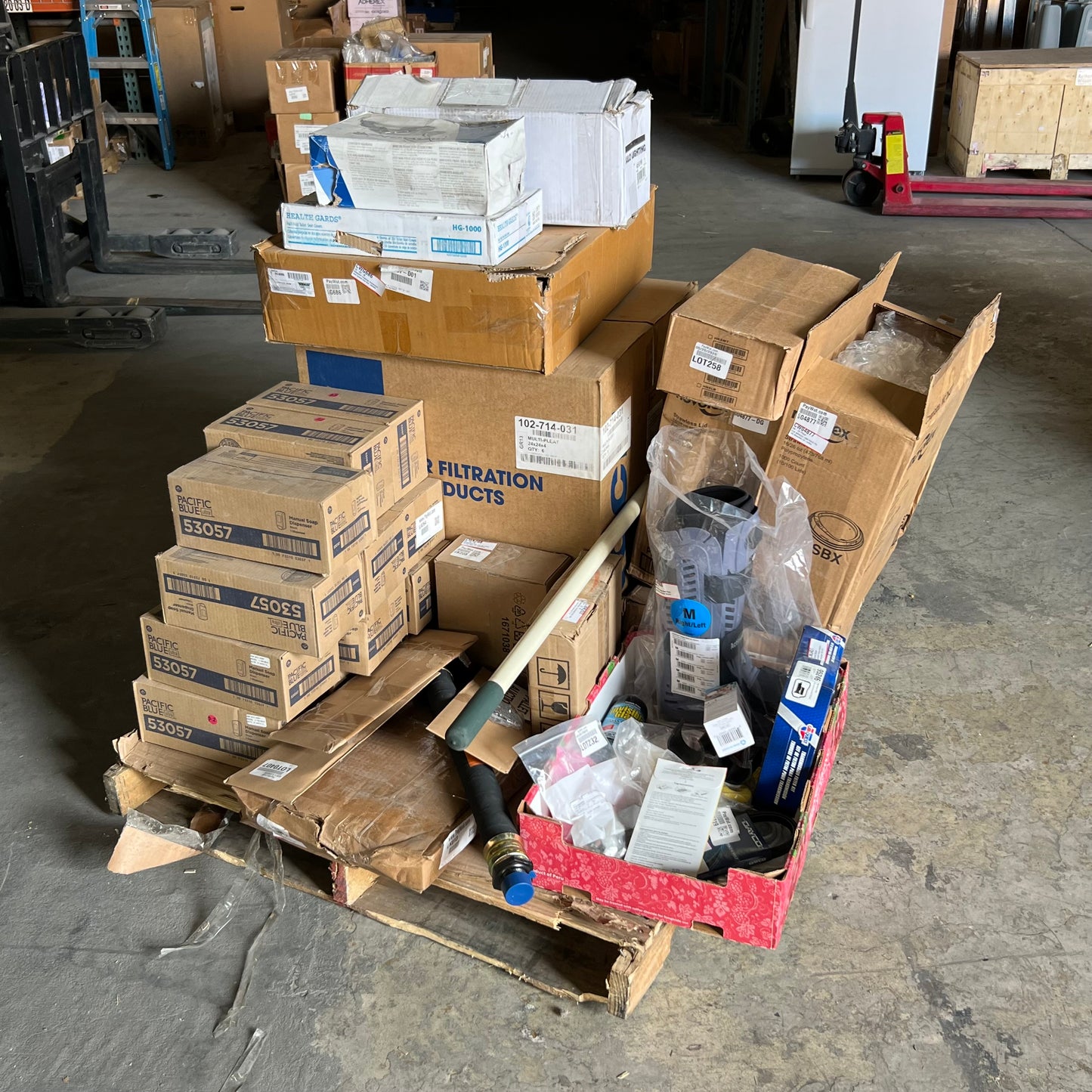 ZA@ Pallet of MIXED Soap Dispenser, Air Filters, Plastic Lids, Walker Boot Right/Left Foot, Spool Kit, Etc... (AS-IS)