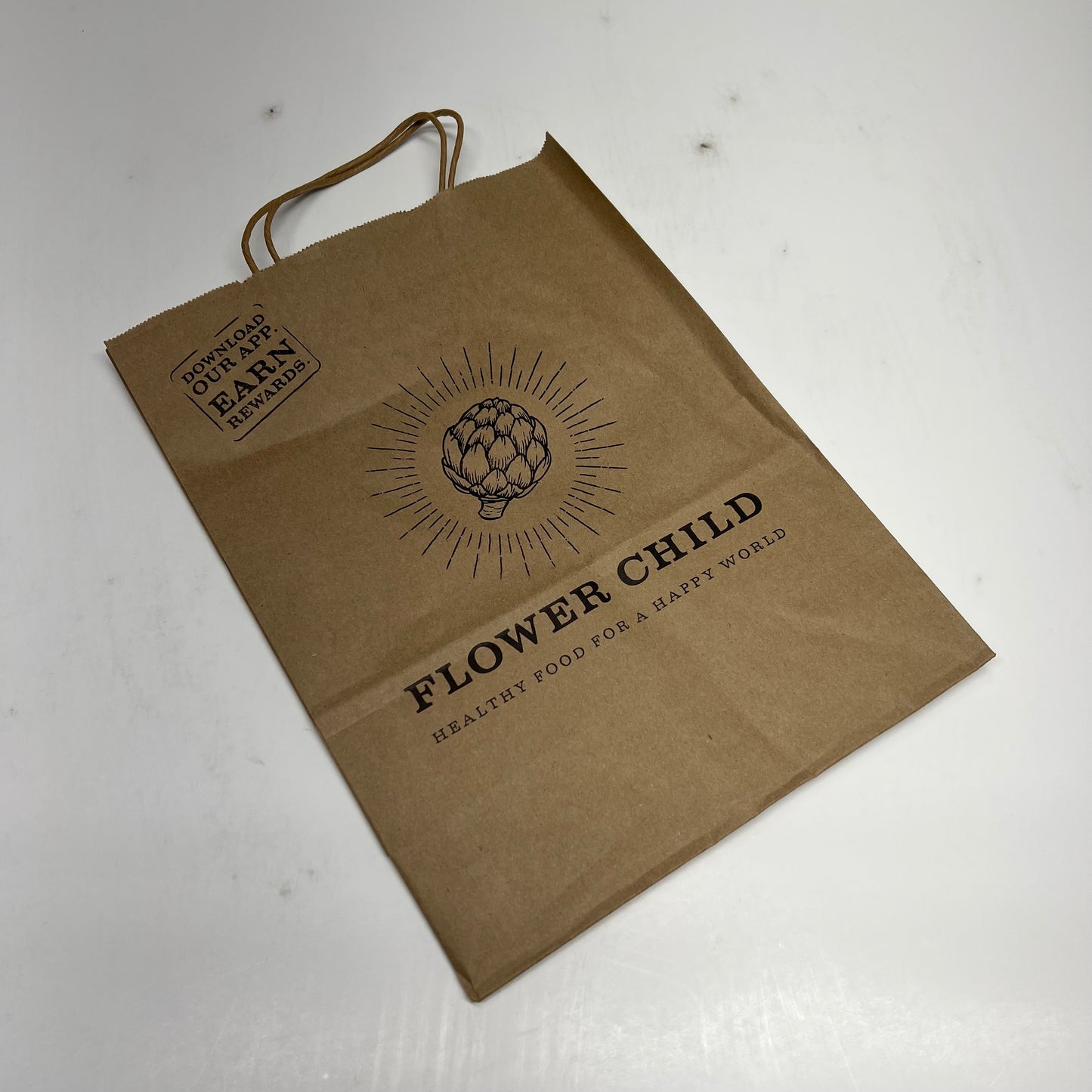 ZA@ FLOWER CHILD  (250 PACK) Healthy Food for Happy World Paper Grocery Bags  13"x10" Brown