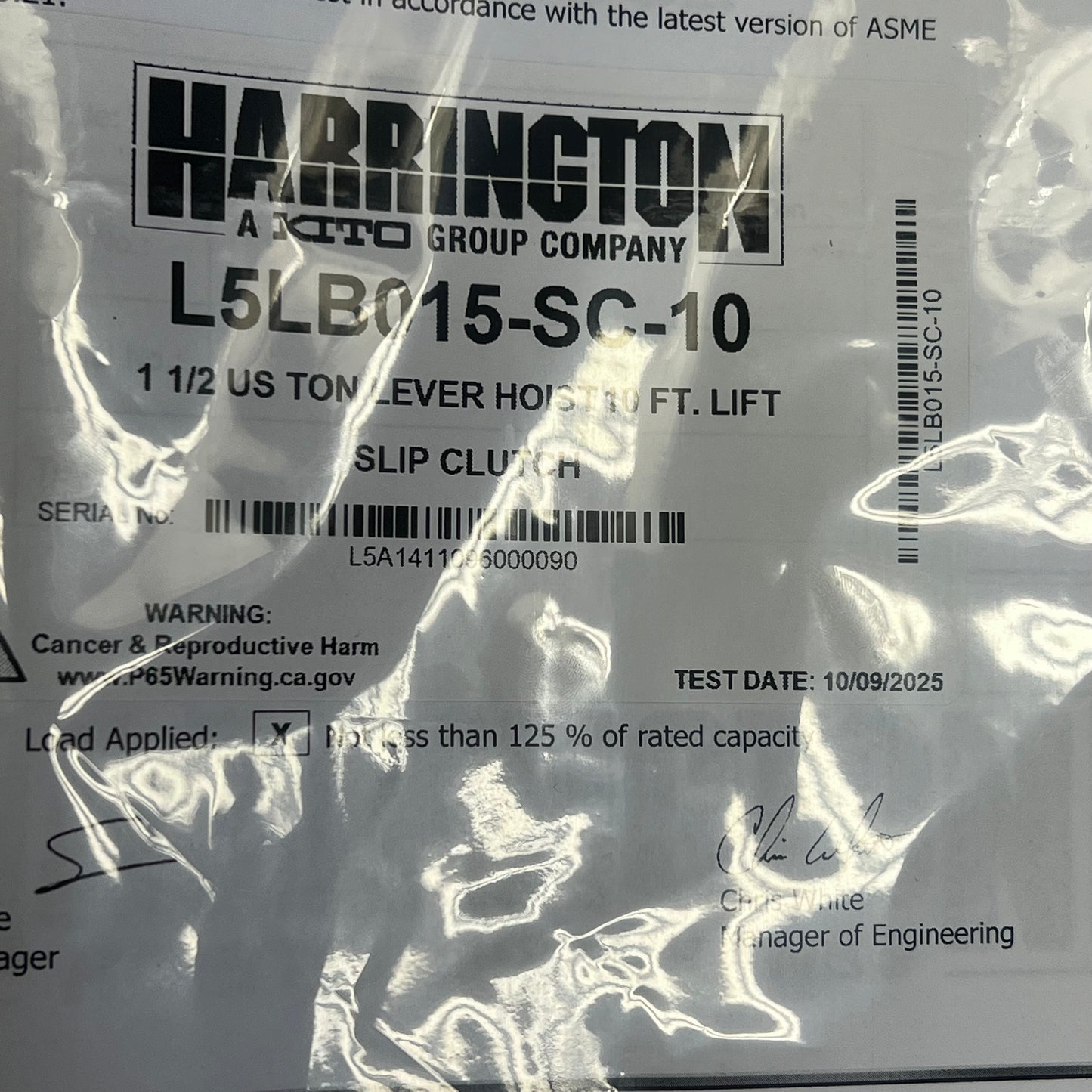 HARRINGTON 1 1/2 ton Nickel Plated Chain Die-Cast Lever Hoist L5LB015-SC-10