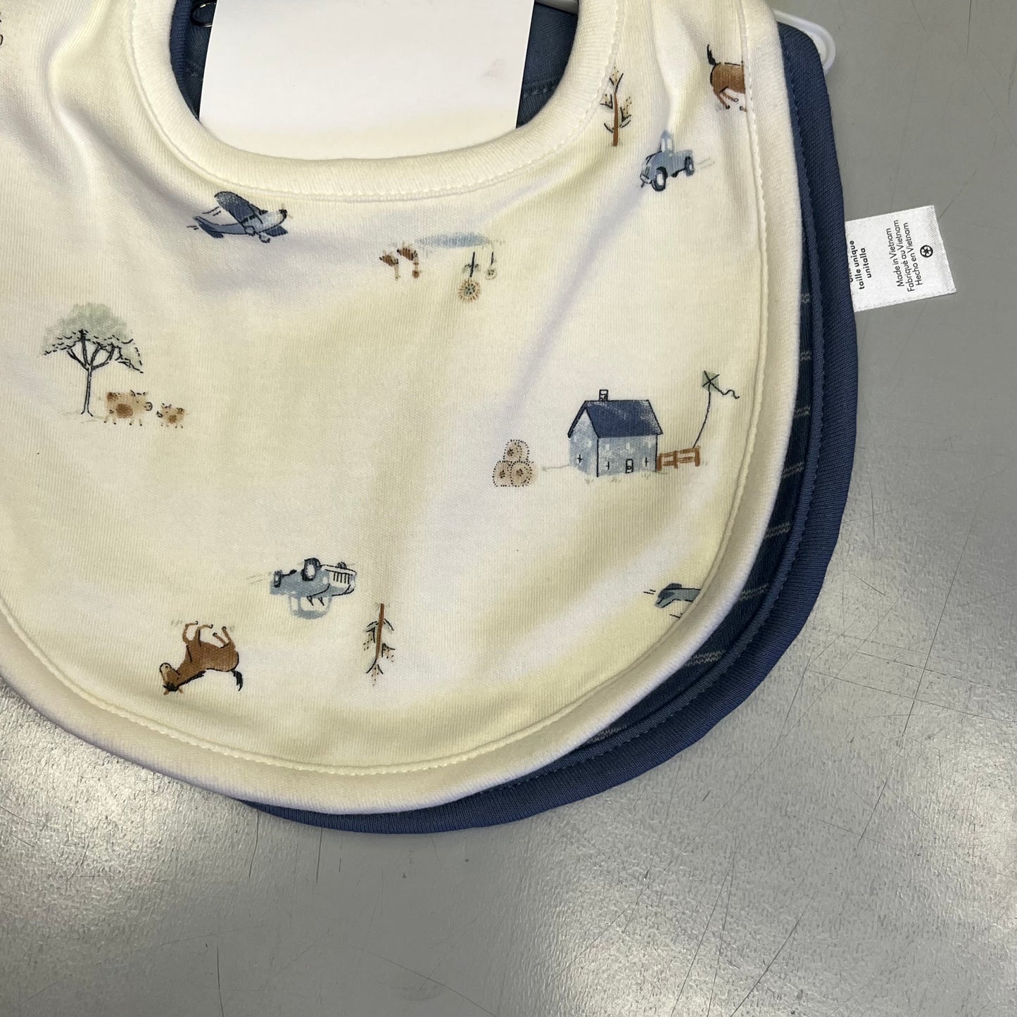 CARTERS (SET OF 3) Snap Baby Bibs Puppy Pocket Farmhouse Patterns Blue/White