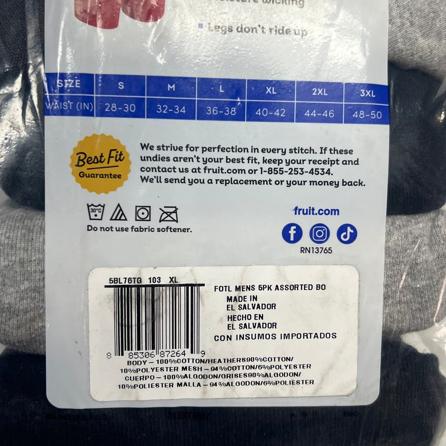 ZA@ FRUIT OF THE LOOM (5 PACK) Eversoft Breathable Fabric Boxer Breifs Men's Sz XL Grey/Black 5BL76TG