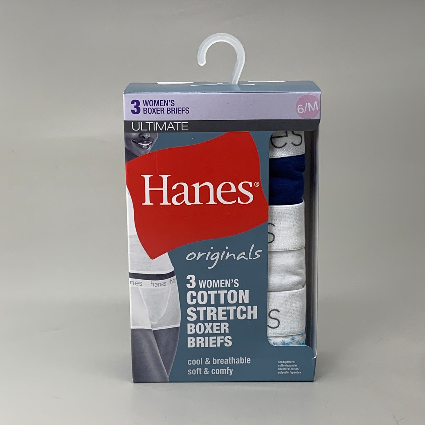 HANES 3 PACK!! Originals Women's Breathable Cotton Boxer Briefs Underwear Sz M Blue/White/Floral 45OUBB