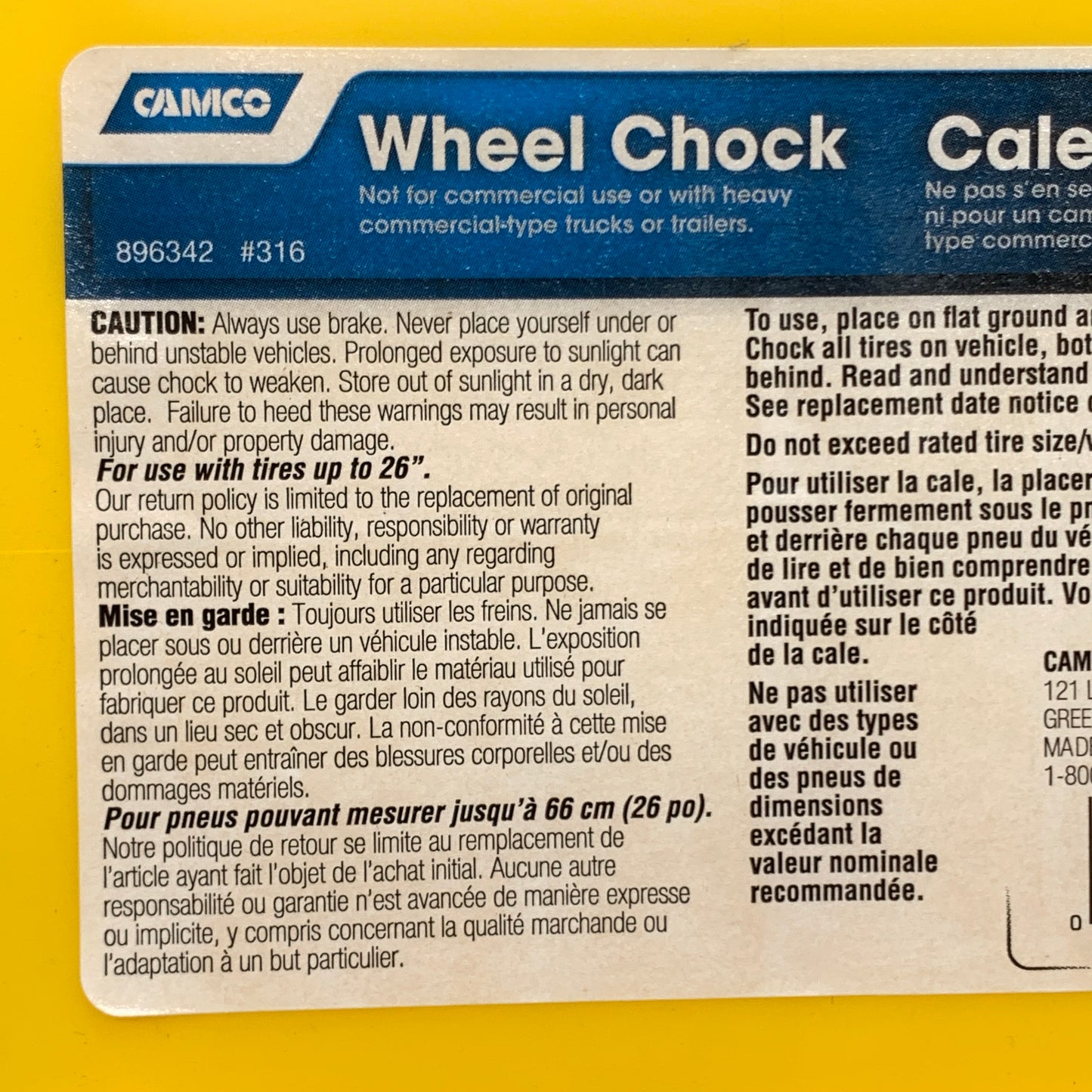 CAMCO 2 Pack Wheel Chock Yellow Fits Each Fits Tires up to 26-Inches 44412