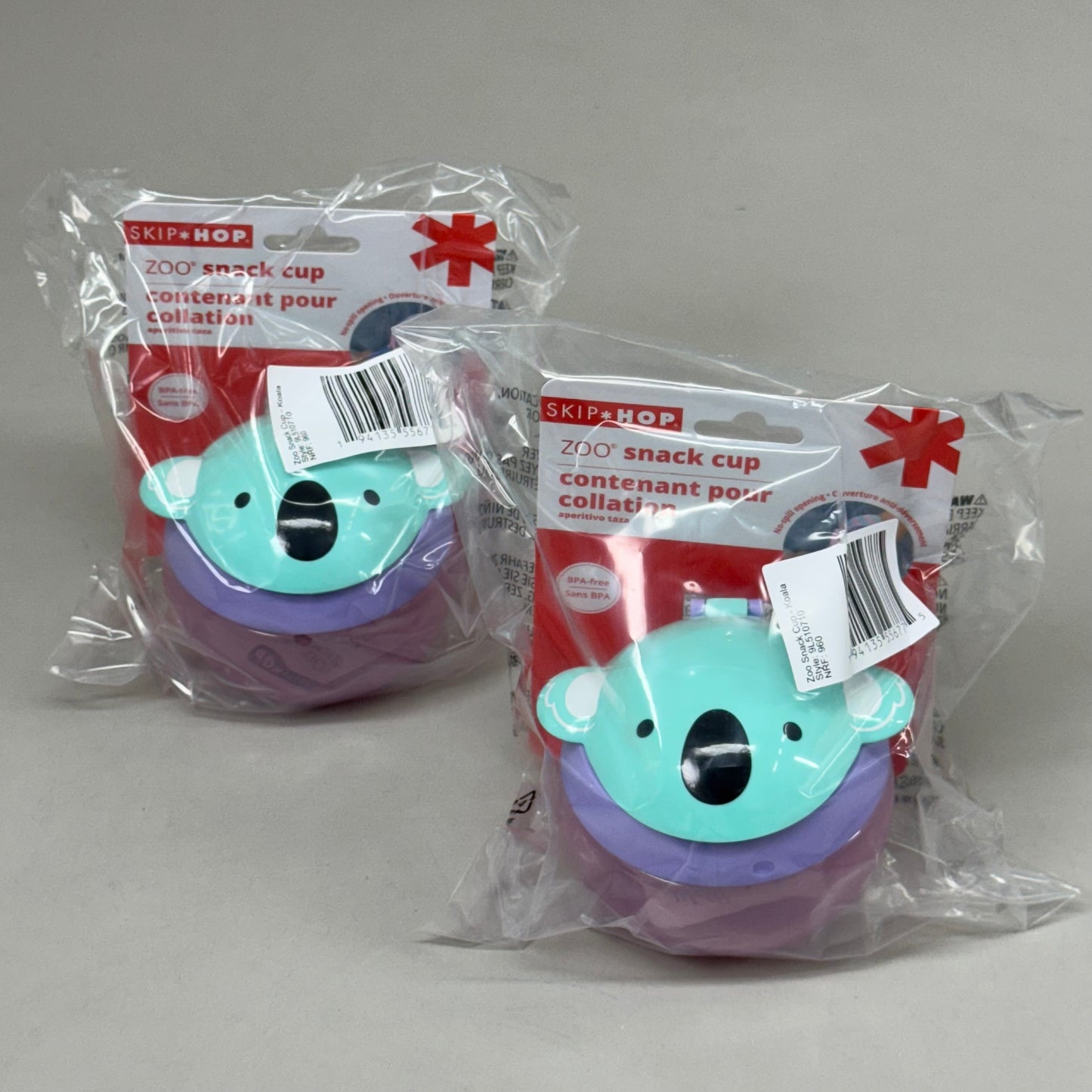 SKIP HOP (2 PACK) Zoo Snack Cup Koala Spill Free Snap Lid Design Ages 12M+ Blue