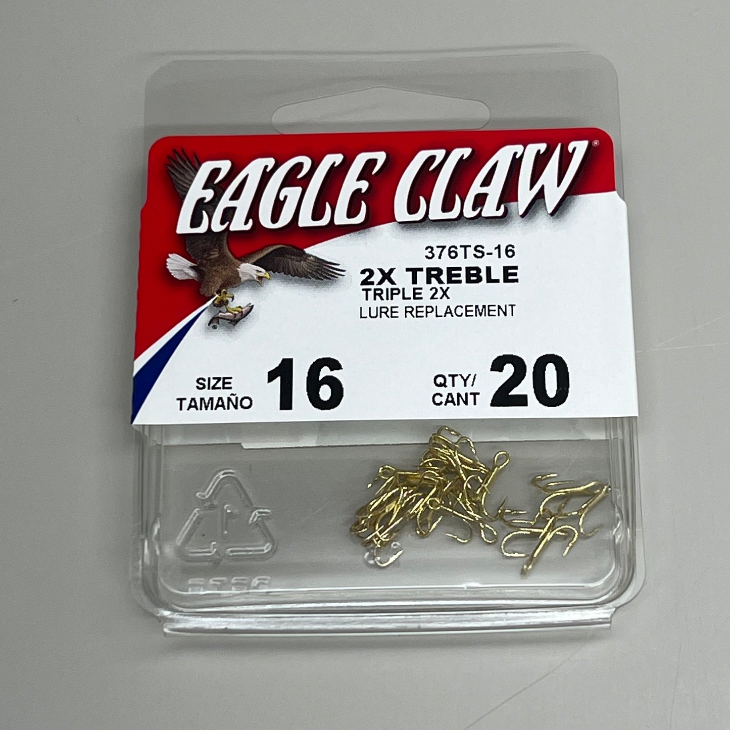 EAGLE CLAW (5 PACK) 2X Treble Hook Triple 2X Lure Repla Gold #16 20pc 376TS-16