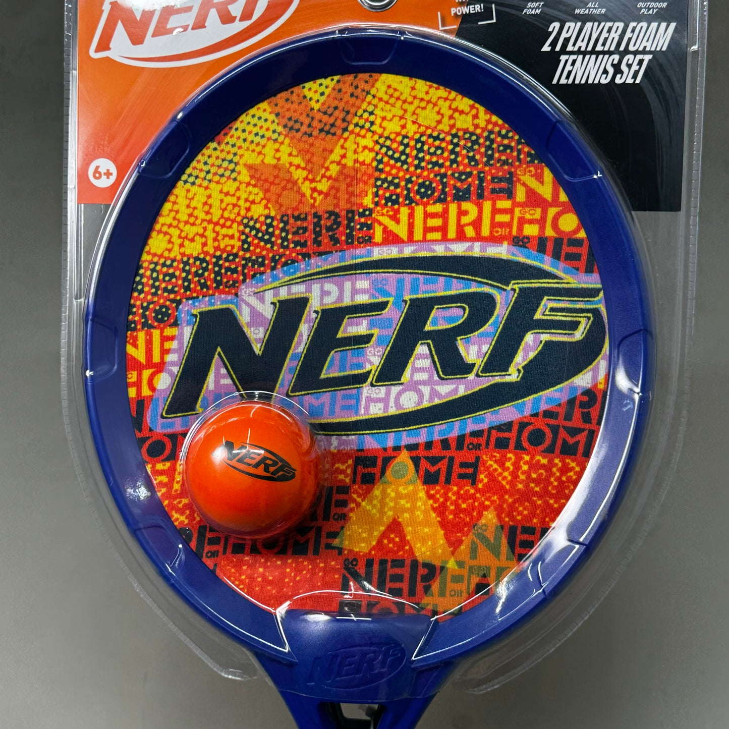 NERF 2 Player Foam Tennis Set w/ Foam Ball All Weather Comfort Grip Elastic Face