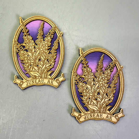 Z@ (2 PACK) Lavender Flowers Laser Cut Wood Magnet Souvenir JUNEAU, AK Made In USA