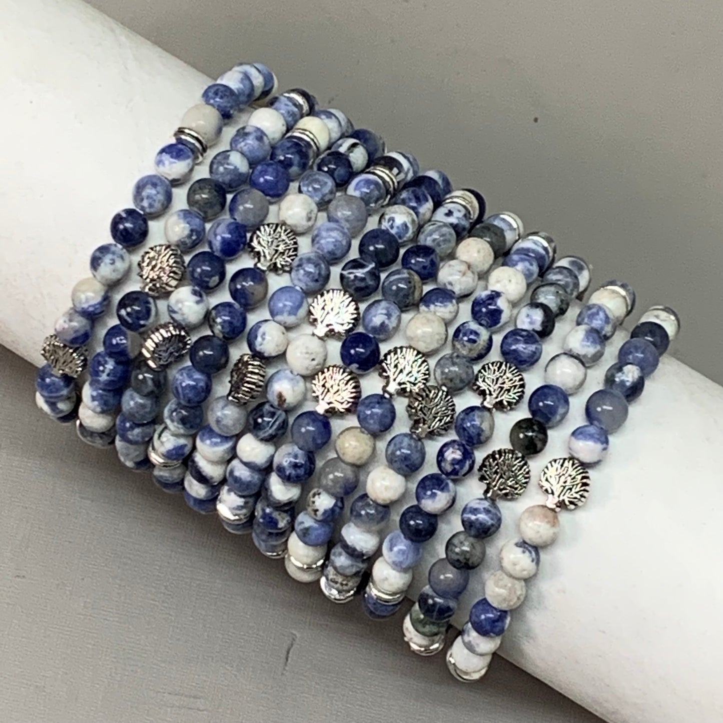 BEST WHOLESALE 12-PACK! Mini Blue Marbled Beaded Crystal Bracelets 3" Silver Tree