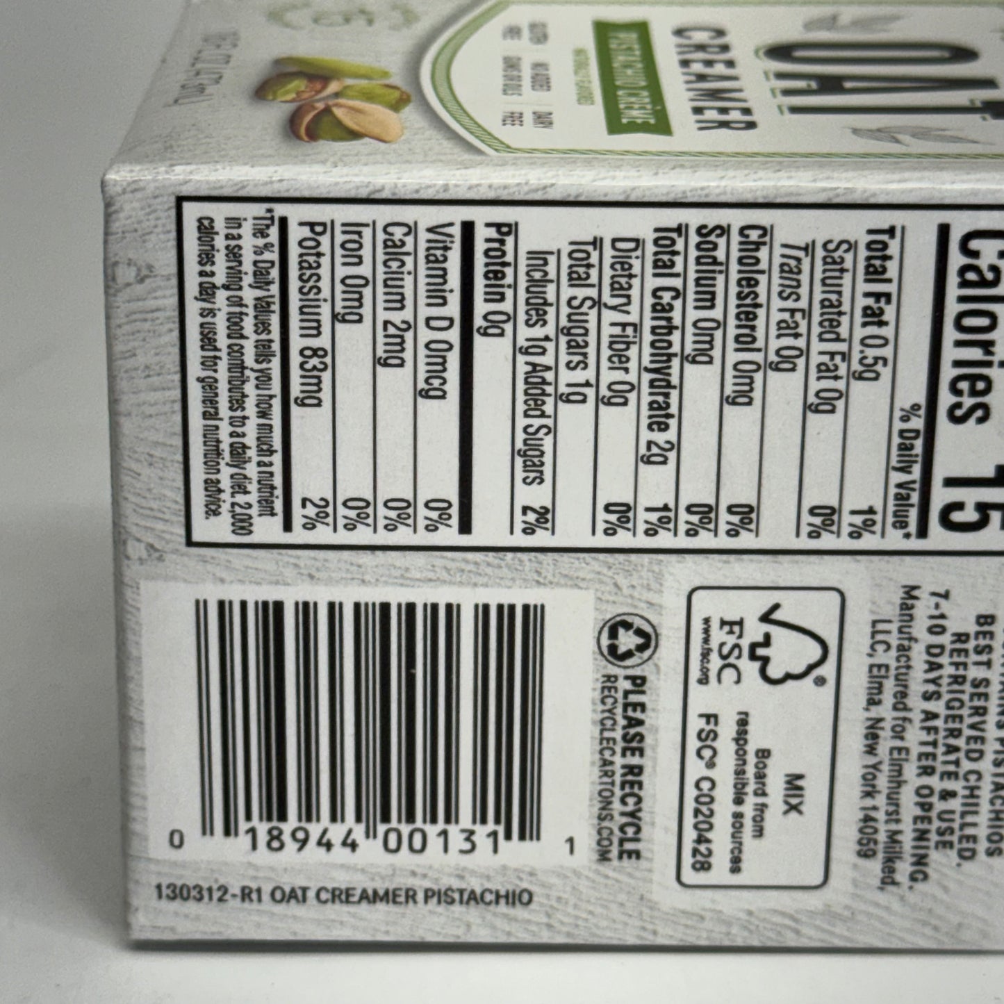 ELMHURST (6 PACK) Elmhurst Pistachio Creme Oat Creamer 16 fl oz. BB 01/27