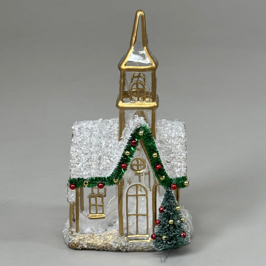 RAZ IMPORT Lighted Church w/ Snow Inside Made of Glass & Sisal 9" Gold 4424591