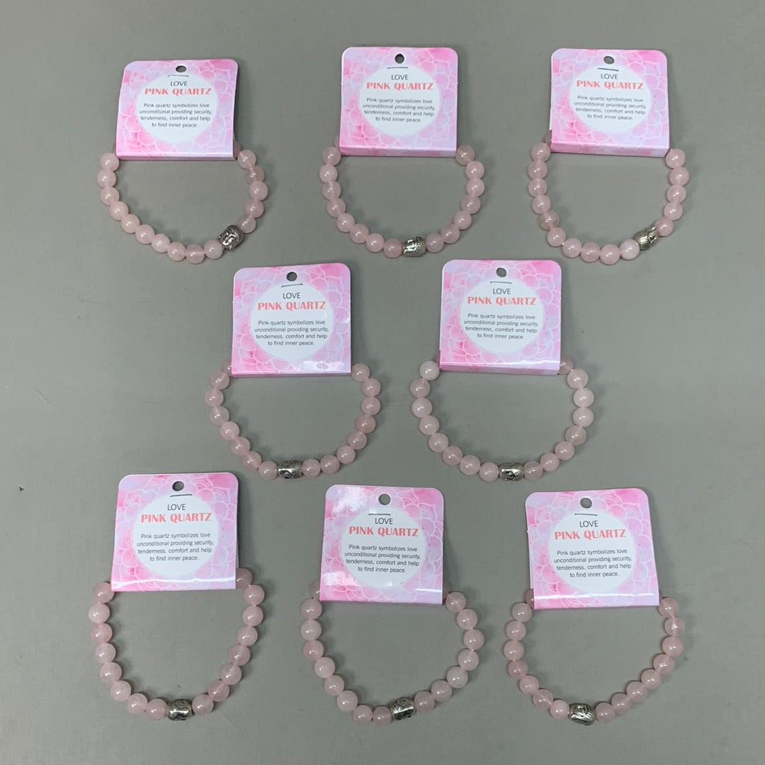 BEST WHOLESALE 8-PACK! Beaded Rose Quartz Crystal Bracelets 3" Silver Buddha New