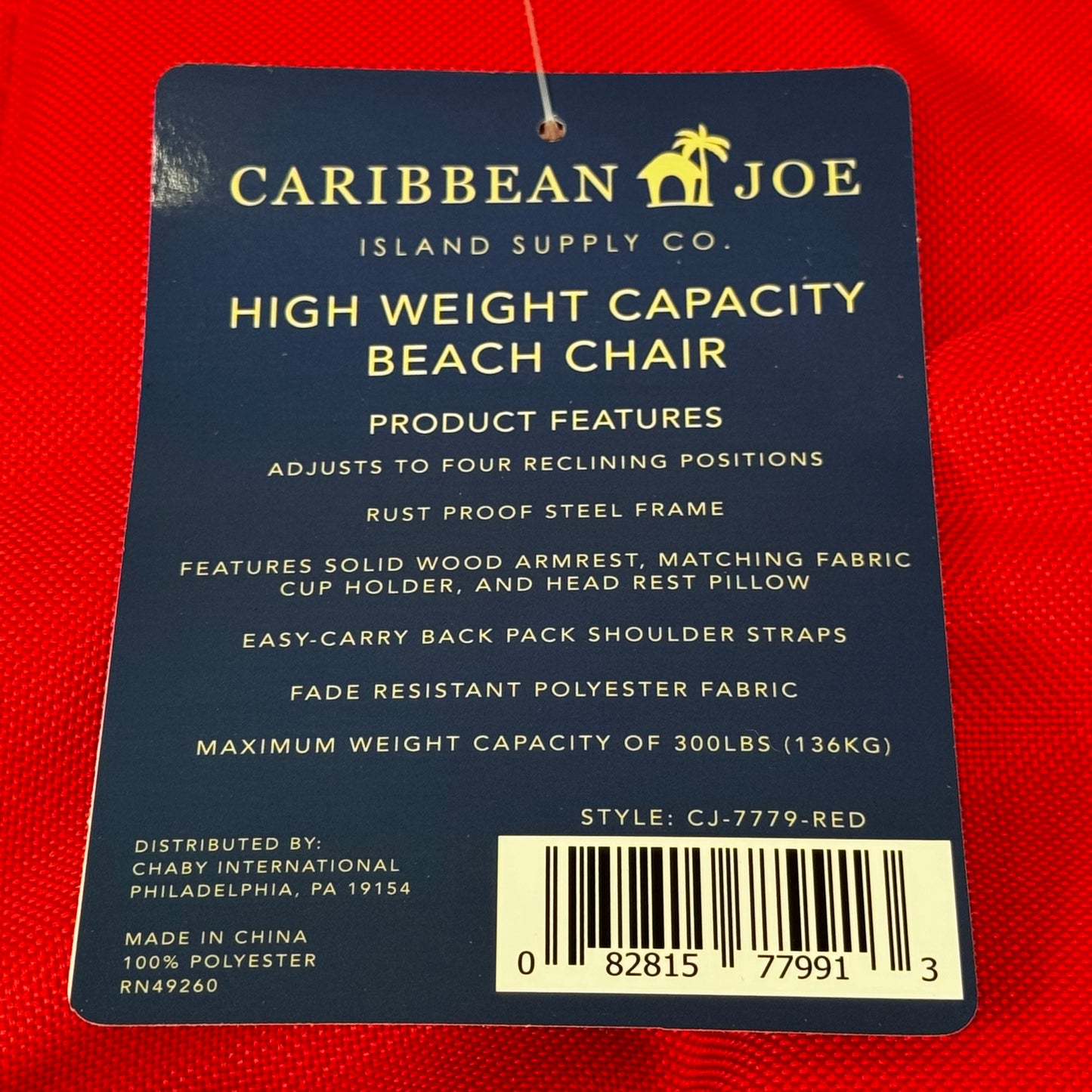 CARIBBEAN JOE 4Position High Weight Capacity Beach Chair w/ Pillow Red CJ-7779