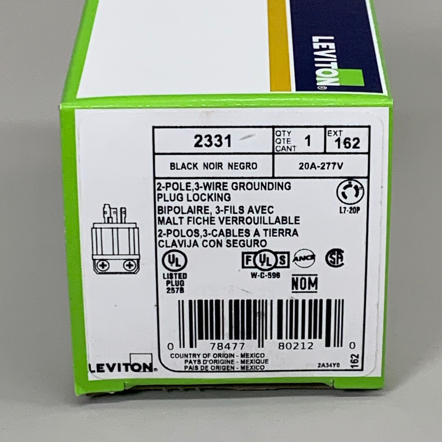 LEVITON Locking Plug 2-Pole 3-Wire Grounding 277 V Industrial Grade 20A 162-2331