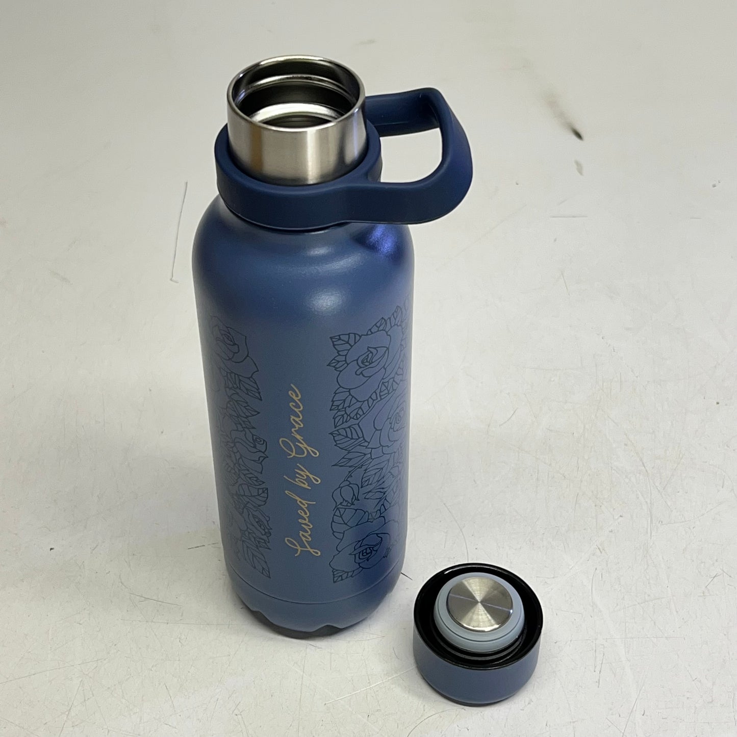 CHRISTIAN ART GIFTS Saved By Grace Floral Stainless Steel Water Bottle 24oz Bl|ue
