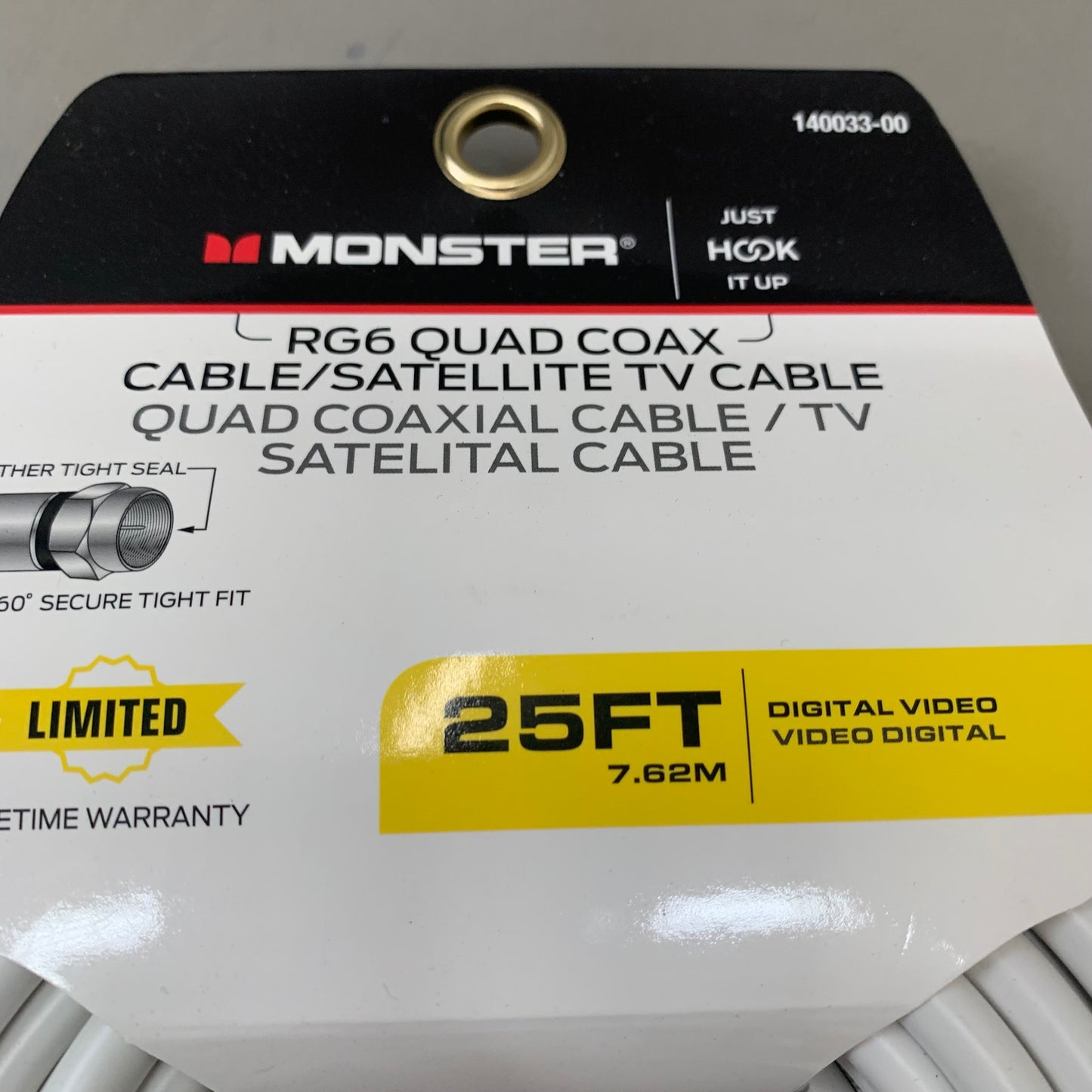 MONSTER RG6 Quad Coax Satellite Tv Cable 25ft White 140033-00