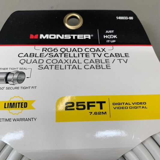 MONSTER RG6 Quad Coax Satellite Tv Cable 25ft White 140033-00