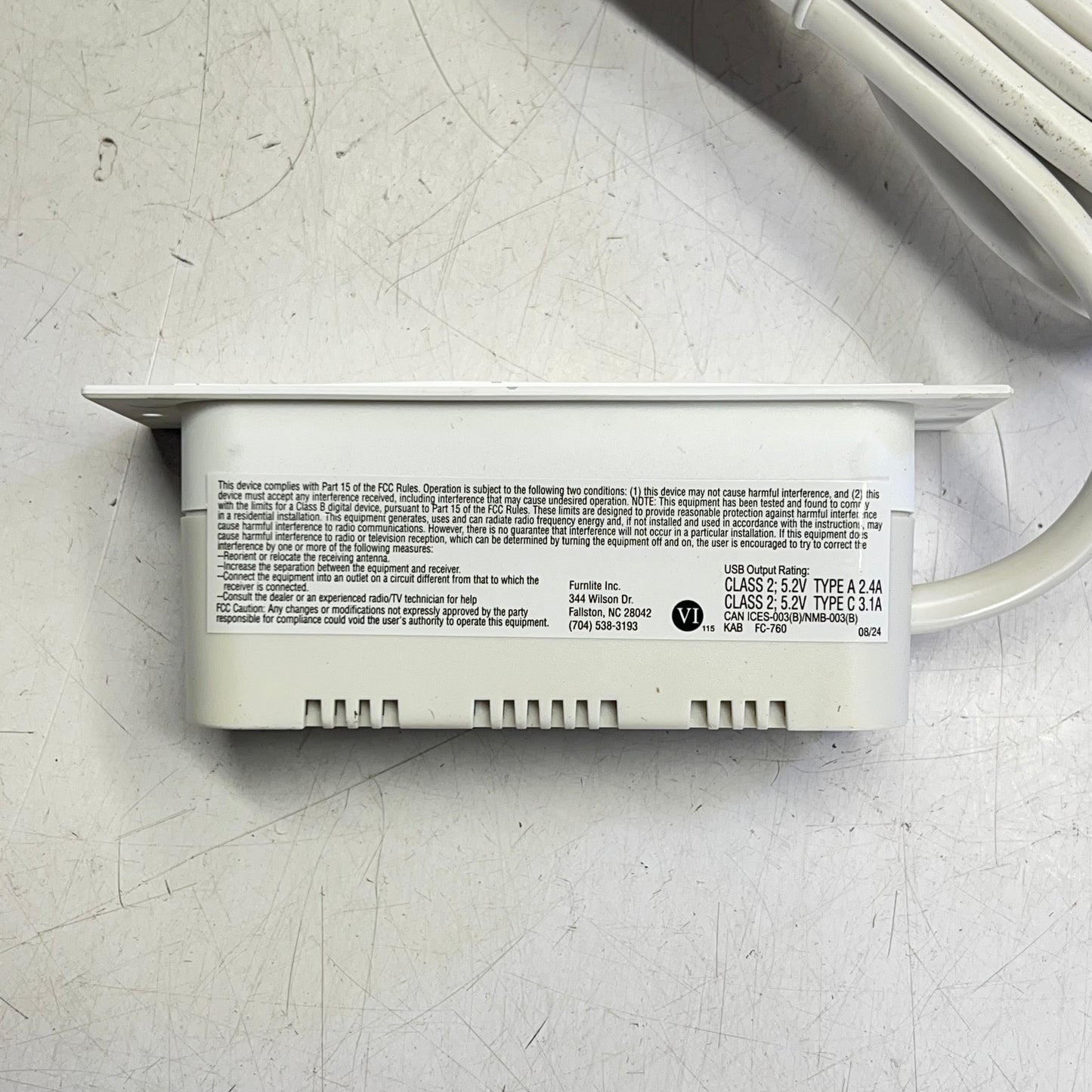 DEKKO Furnlite Recessed Power 2 Outlet w/ USB-A & USB-C 10’ Cord White FC-760