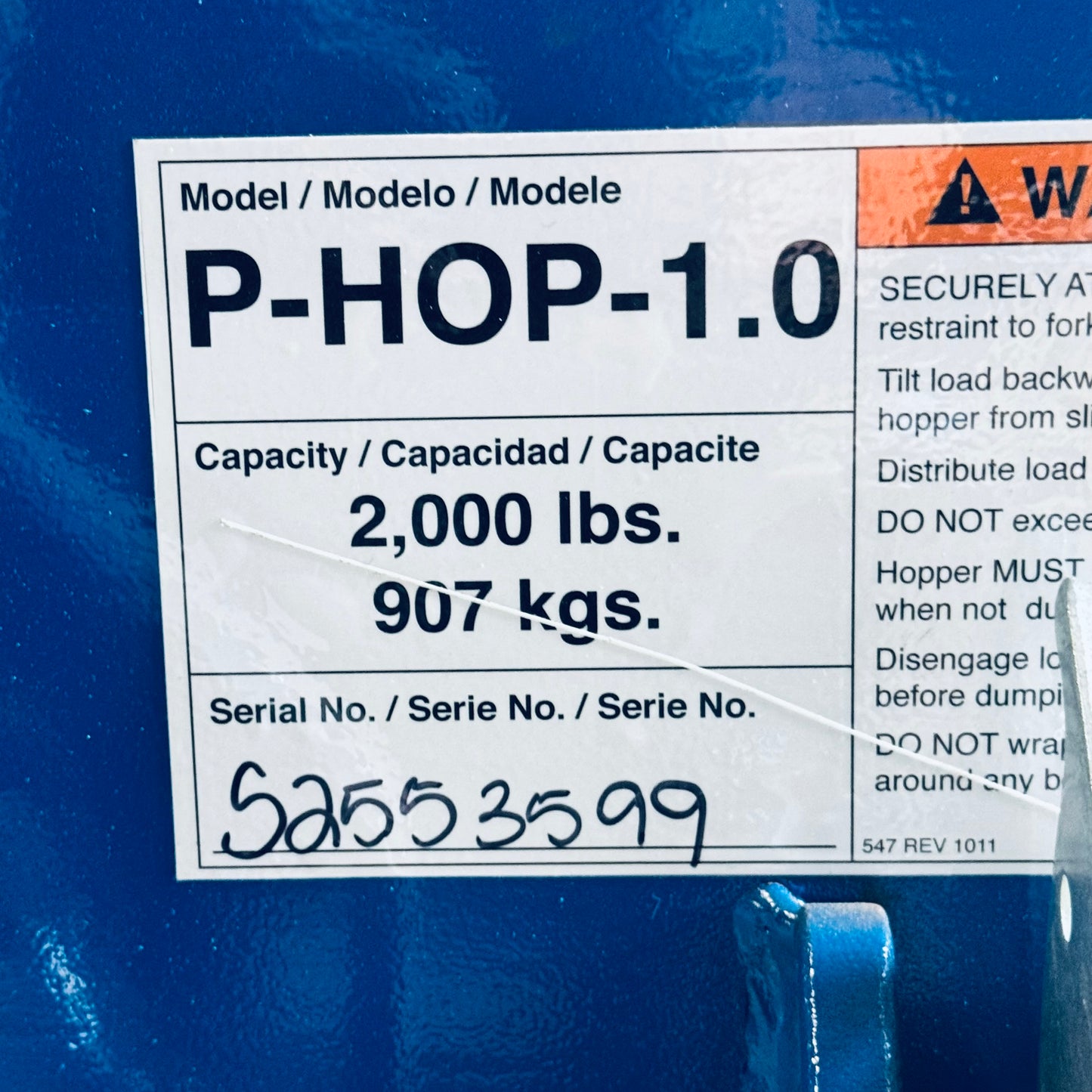 ZA@ GRAiNGER Self Dumping Hopper P-HOP-1.0, Capacity 2000Lbs, Sz 48.5”Lx47”Wx29”H, Blue (AS-IS, Damage)