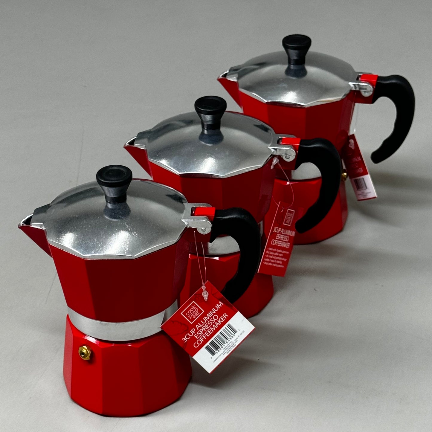 COOK PREP EAT (3 PACK) Aluminum Espresso Coffee Stay Cool Handle 3 Cup Red 33122