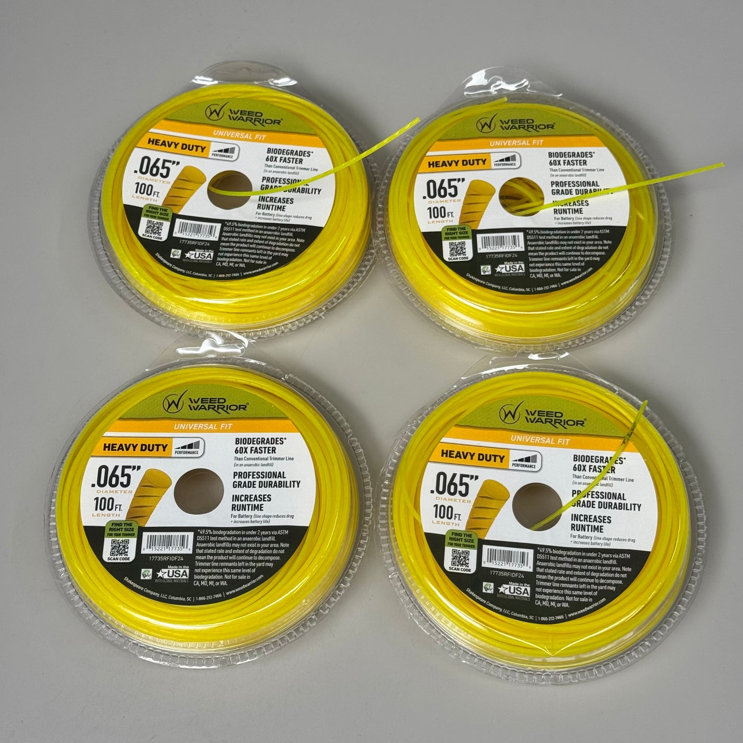 WEED WARRIOR (4 Pack) Grass Trimmer Line 17735RFIDF24 Sz .065”Dx100ft.L Yellow