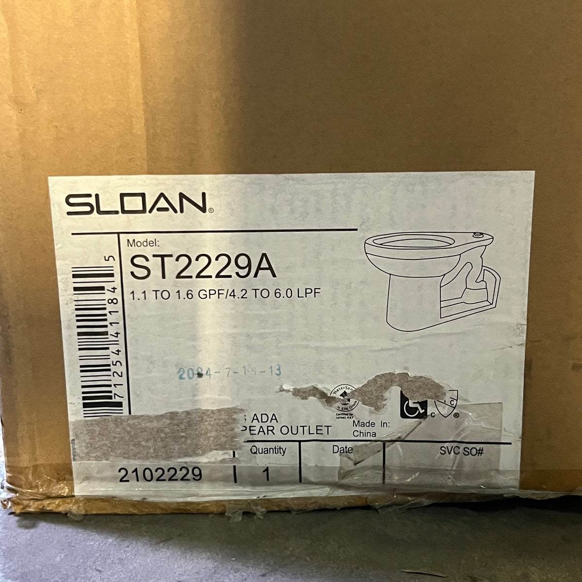 SLOAN Commercial Ada Toilet Bowl - Floor Mount Rear Outlet White 1.6 GPF ST2229A
