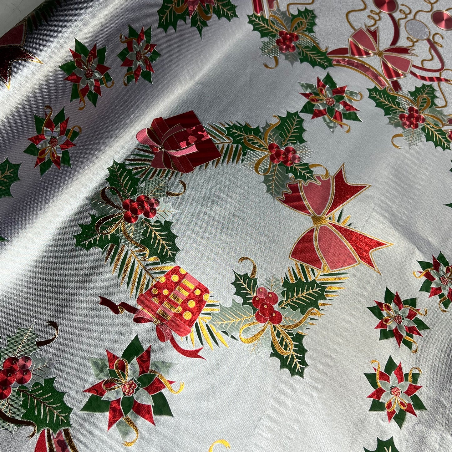Christmas Shimmery Poinsettia & Presents Table Cloth 54"x60' Silver/Red CC-8364