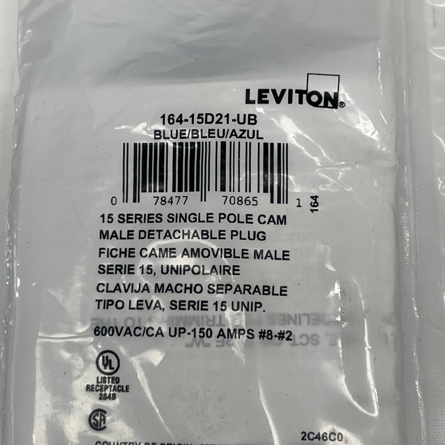 LEVITON 15 Series Male Plug Cable Range #8-#2 AWG Blue 164-15D21-UB