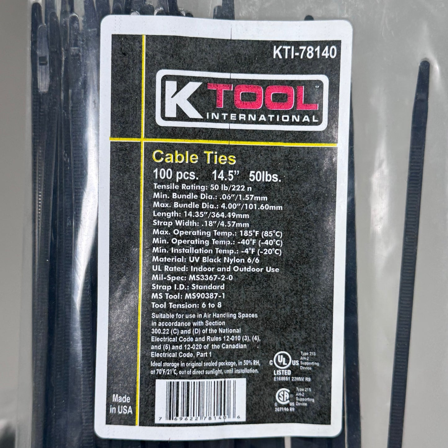 KTOOL (300 PACK)Cable Ties 50lbs Tensile Rating 14"L Strap Width 18" Black Nylon