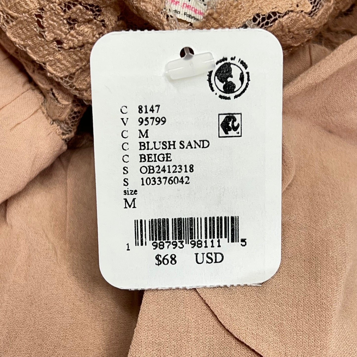FREE PEOPLE Fiona Lace Trim Slip Dress Women's Sz M Blush Sand 102276042