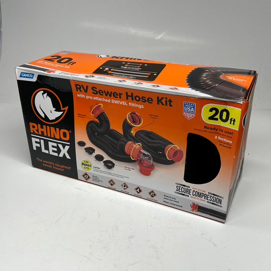 CAMCO Rhino Flex Rv Sewer Hose Kit 360 Degree Swivel Fittings 20' Black 39741