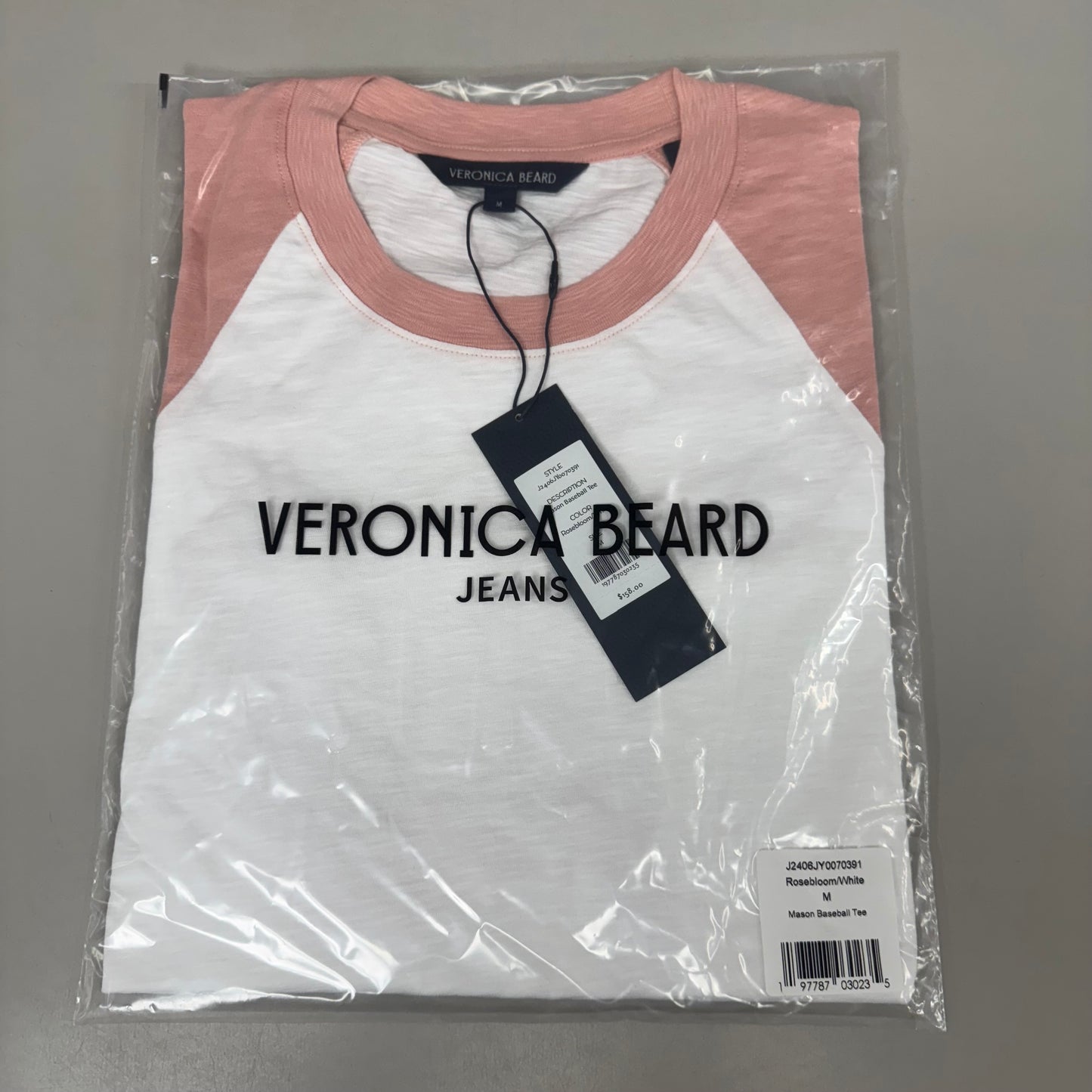 VERONICA BEARD Jeans Women's Mason Baseball Tee Sz-M Rosebloom/White