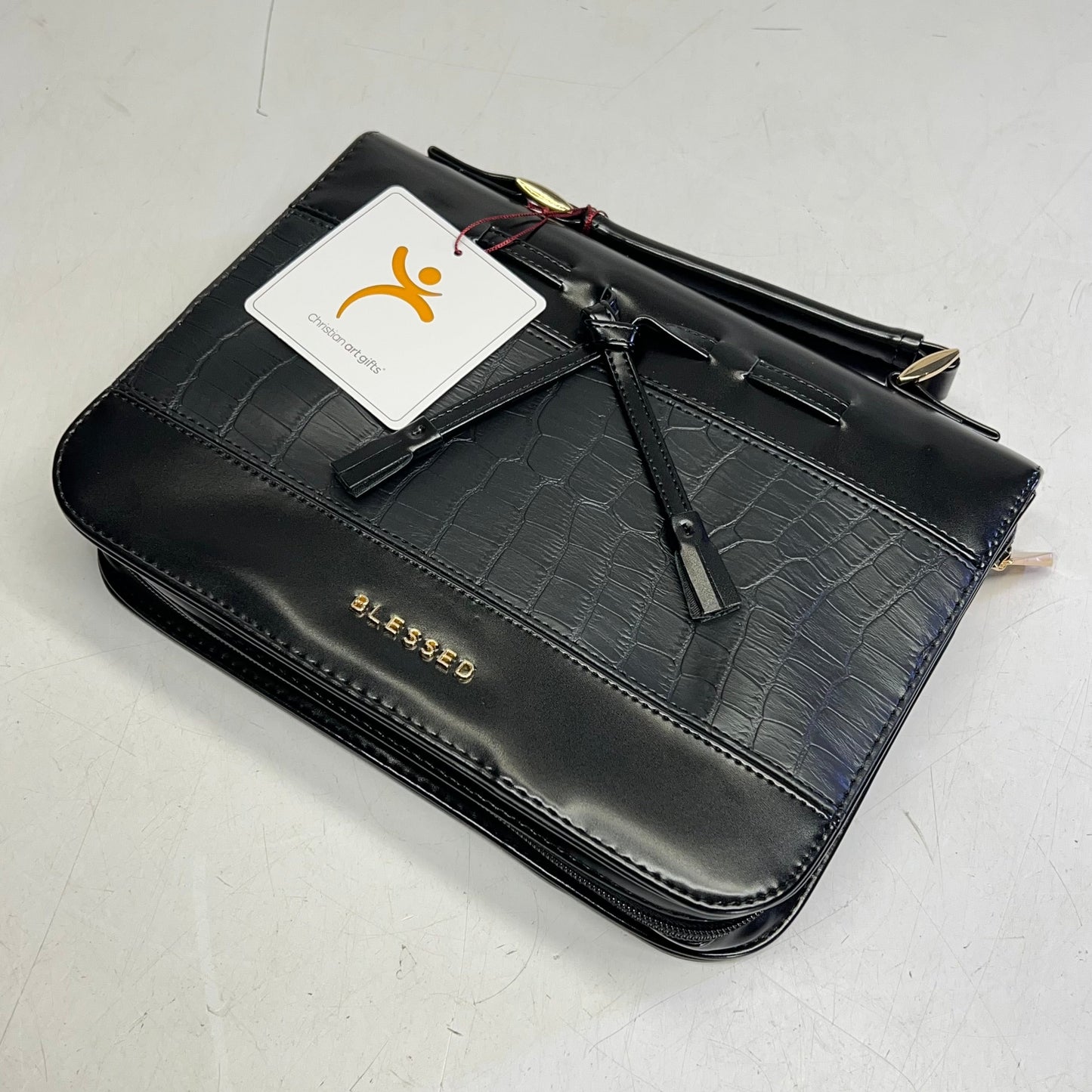 CHRISTIAN ART GIFTS "Blessed" Faux Leather Alligator Skin & Bow 7"x10" Black