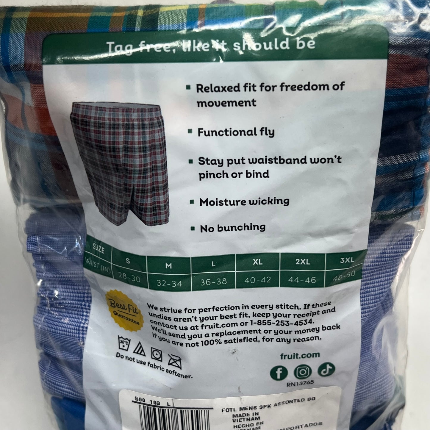 ZA@ FRUIT OF THE LOOM (3 PACK) Eversoft Breathable Fabric No Bunching Boxers Men's Sz L Plaid/Multicolor 590103