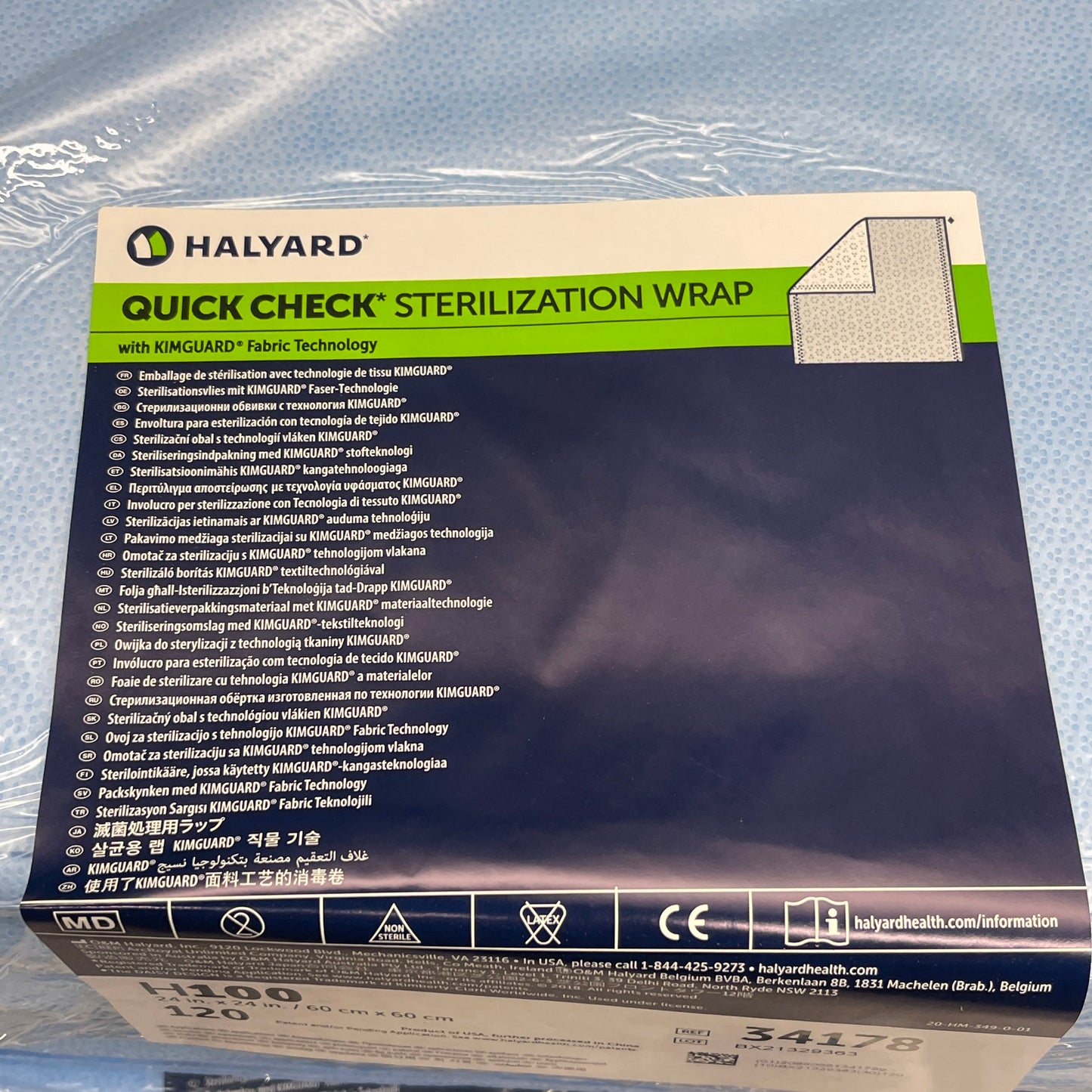 HALYARD 240-PACK! Quick Check Sterilization Wrap H100 24" x 24" Light Blue 34178