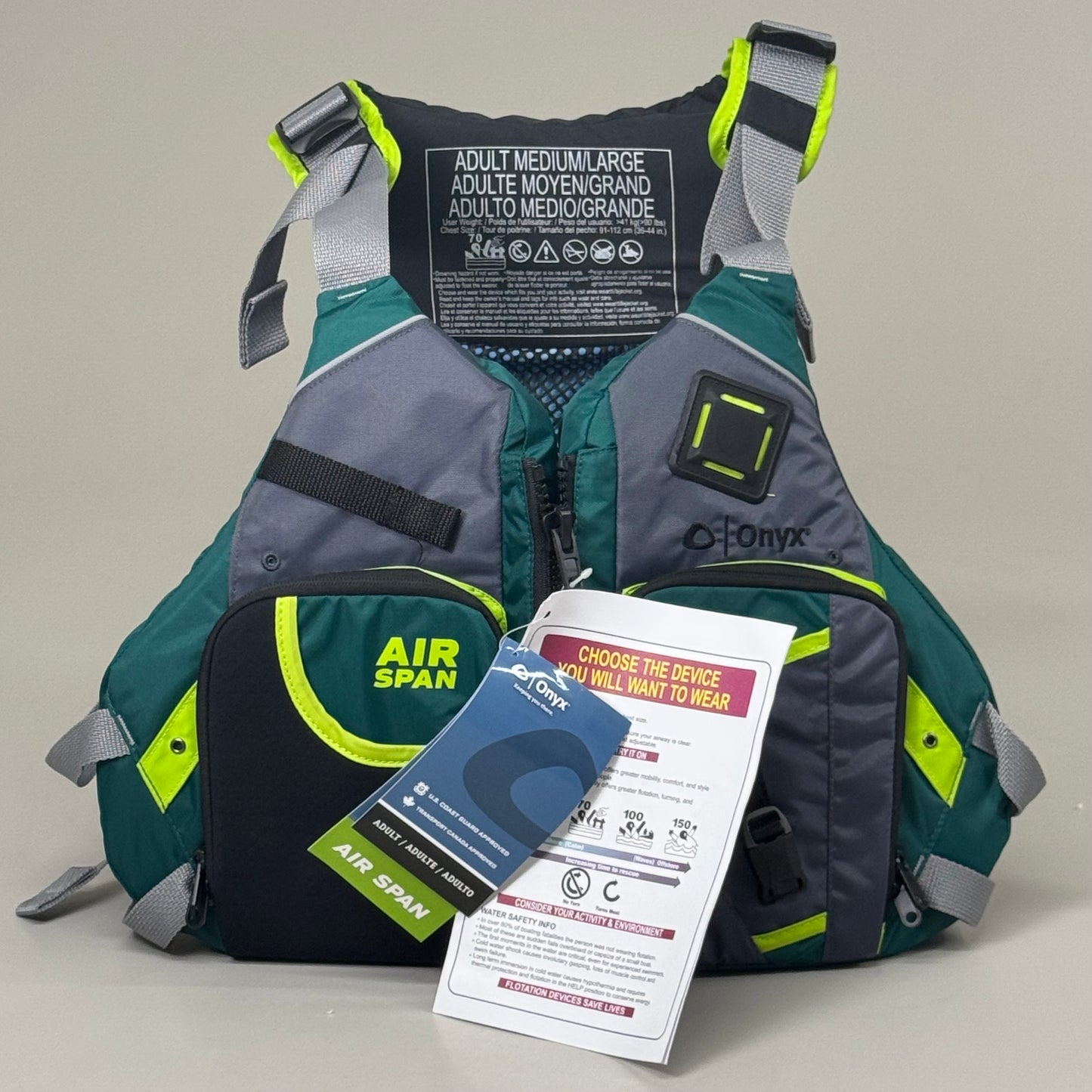 ONYX Airspan Technology Angler Life Jacket SZ Adult M/L Green 123200-400-040-23