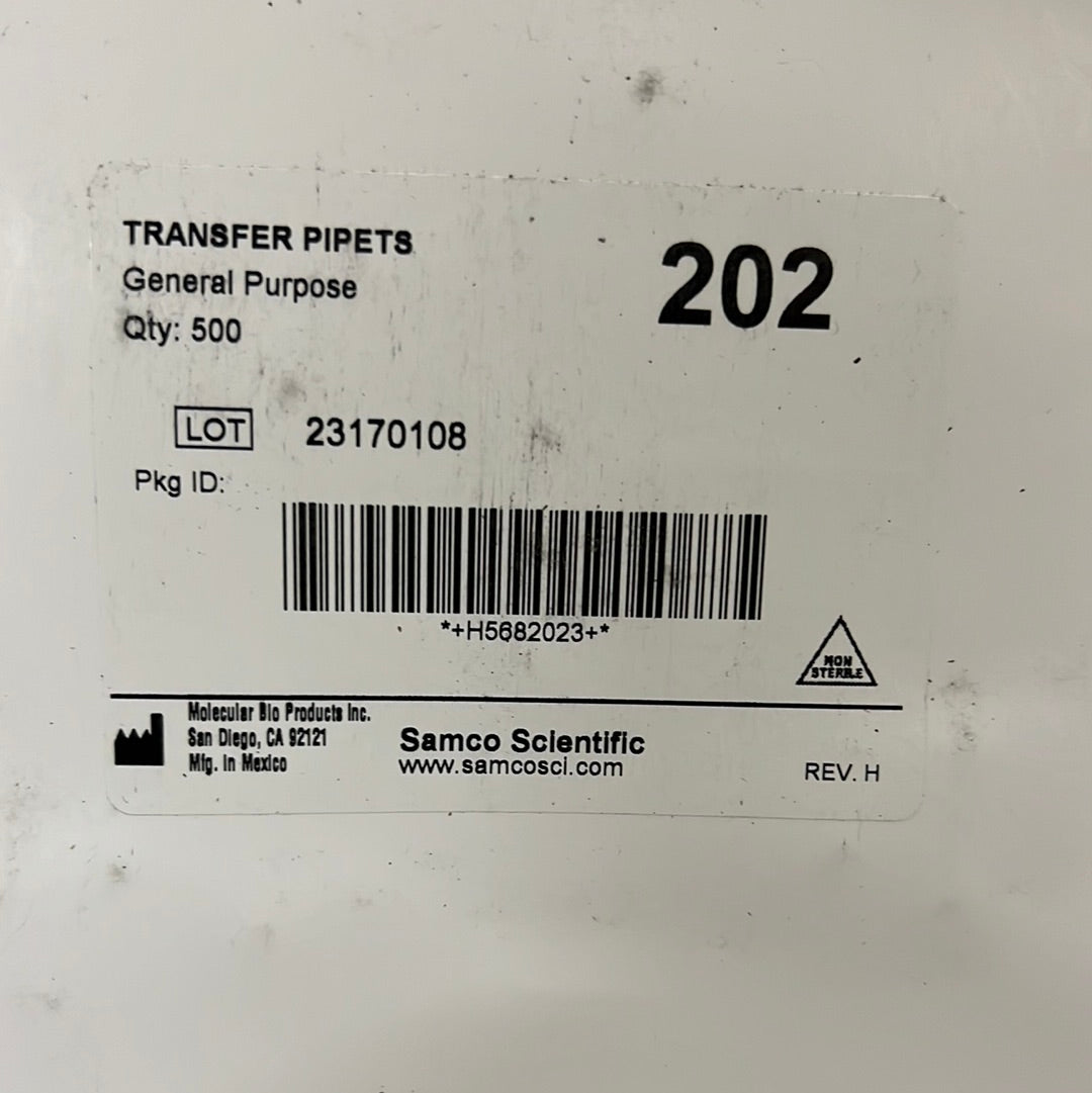 SAMCO (5000 PACK) TRANSFER PIPETS 202 General Purpose 7.7 ml 10 Boxes (500 per box)