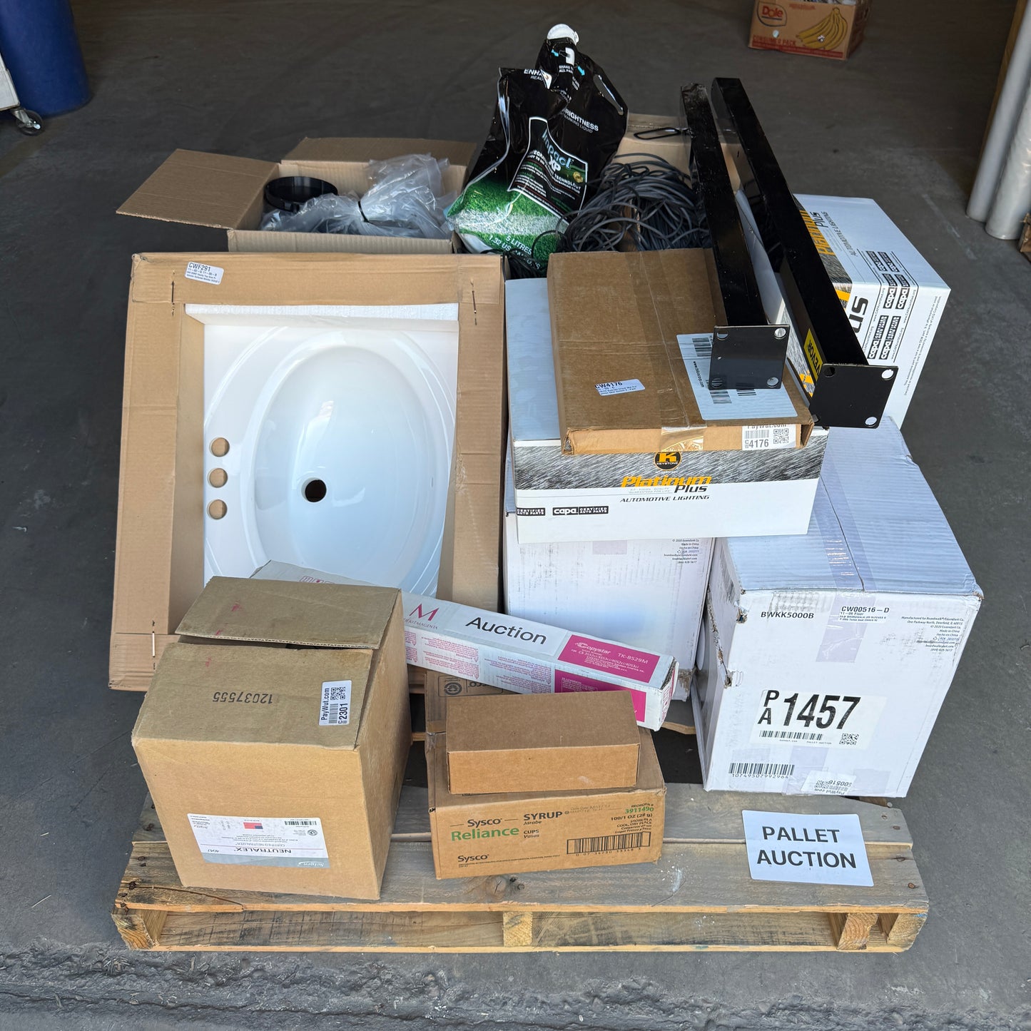 ZA@ Pallet of MIXED Rubber Trim, Currency Straps, Toilet Seat Covers, Automotive, Lighting, Honda Genuine Parts, Sink, Toner, Marking Paint,Syrup & MORE! (AS-IS)