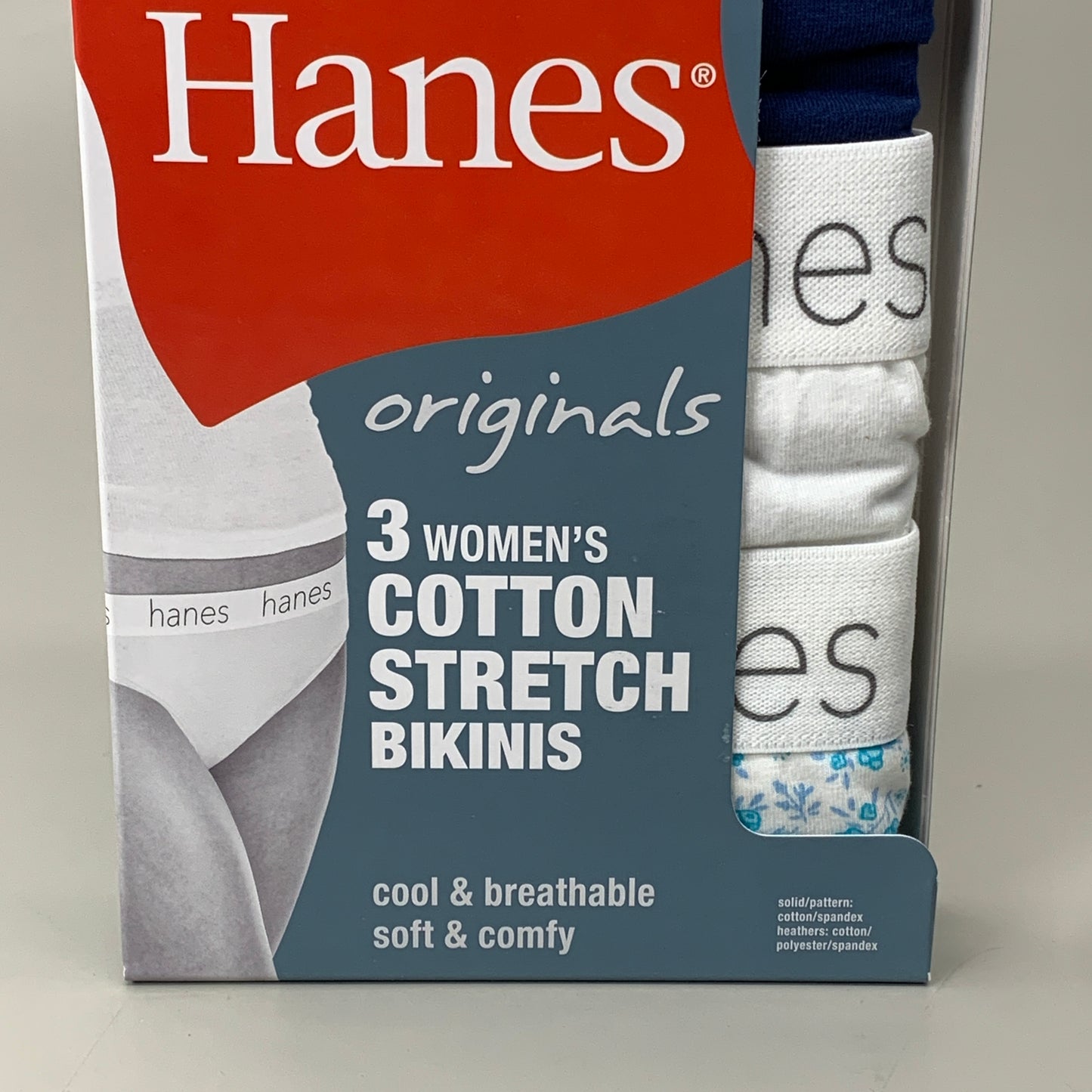 HANES 3 PACK!! Originals Women's Breathable Cotton Bikinis Underwear Sz 6/M Navy/White/Floral 45UOBK