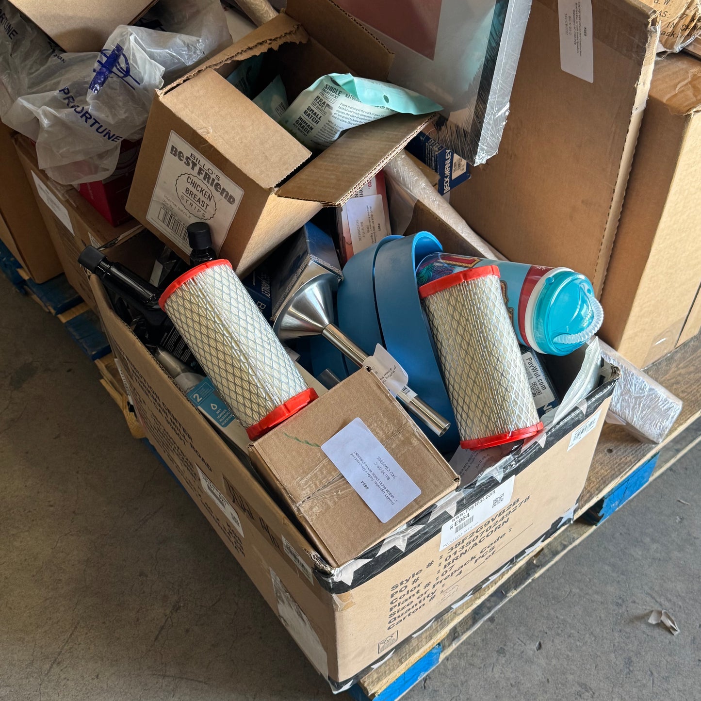ZA@ Pallet of MIXED Art Printed Wall Frame, Air Filters, Shelf Support, Cups, T-Shirt, Dog Treats, Etc... (AS-IS)