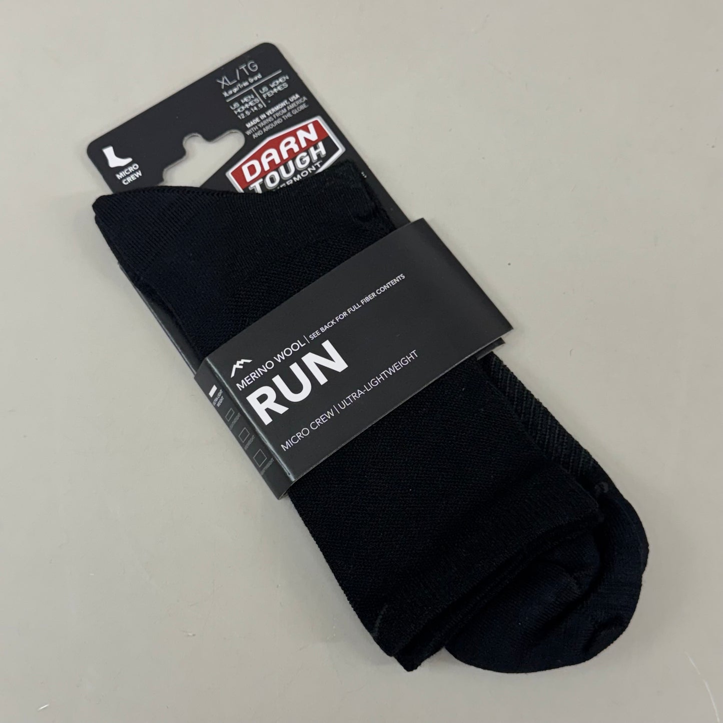 DARN TOUGH Running Socks Micro Crew Ultra Lightweight Merino Wool Men SZ XL 12.5-14.5 Black